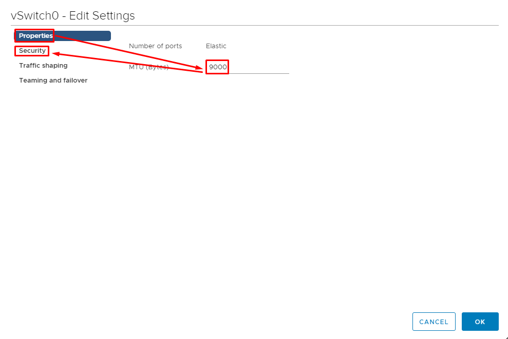 Go to vSwitch0 settings to set MTU value to 9000