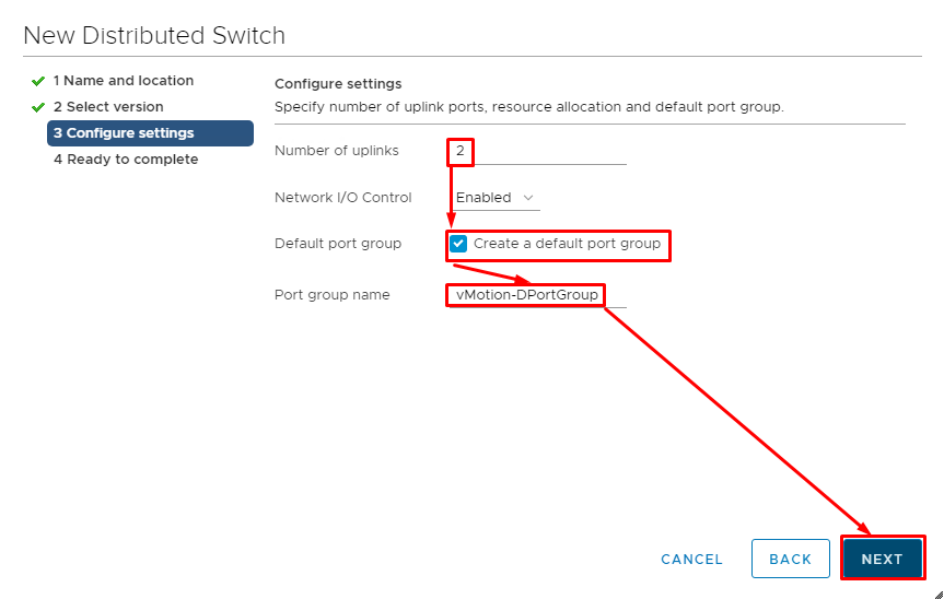 Specify 2 uplinks and assign the port group to the distributed switch