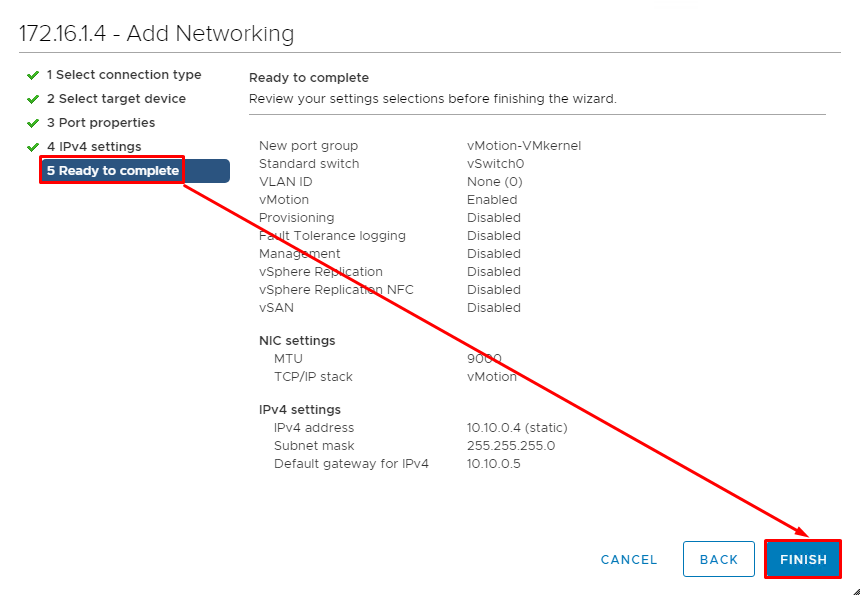 Review the settings and click Finish to create the network