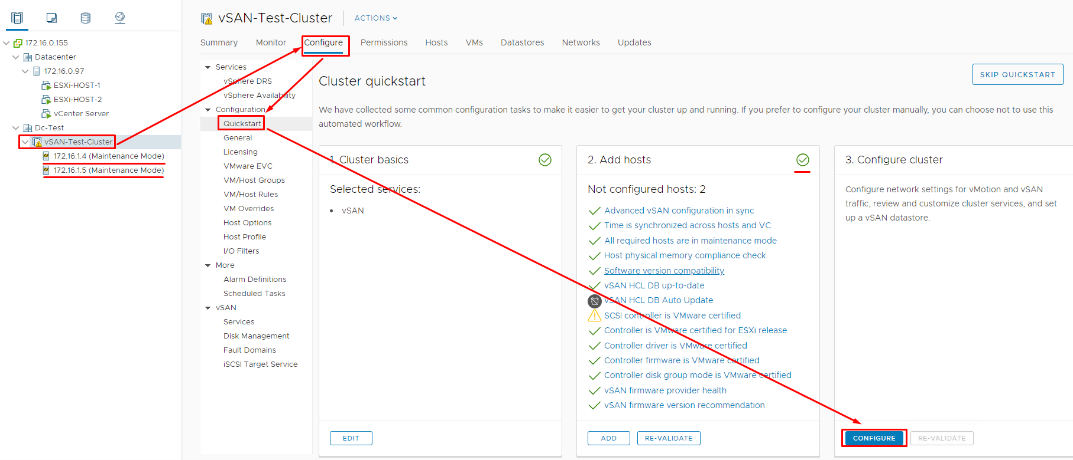 You need to set up cluster virtual network and create a vSAN disk