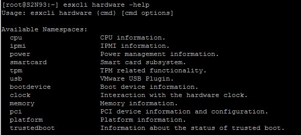 esxcli hardware – find out more about the host hardware.
