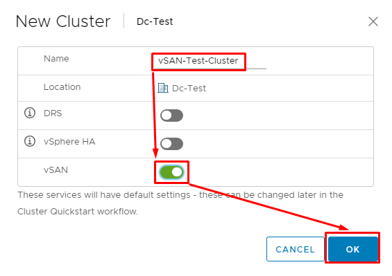 Specify the name for vSAN cluster and enable the vSAN cluster feature itself