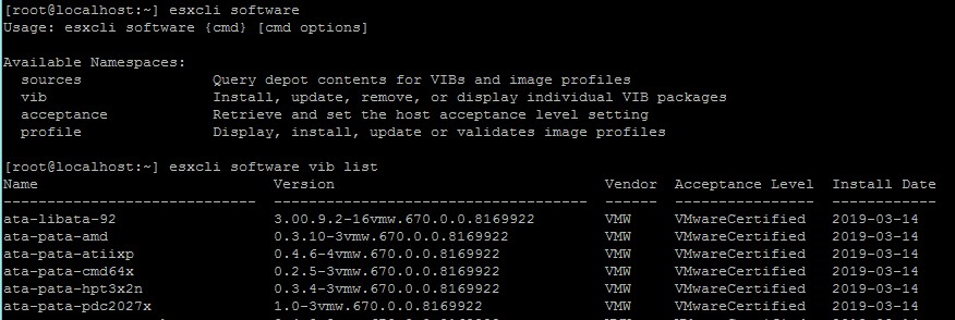 esxcli software vib list lists all installed VIBs.