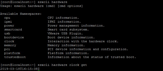 esxcli hardware clock (get/set) – getting or setting up ESXi system time.
