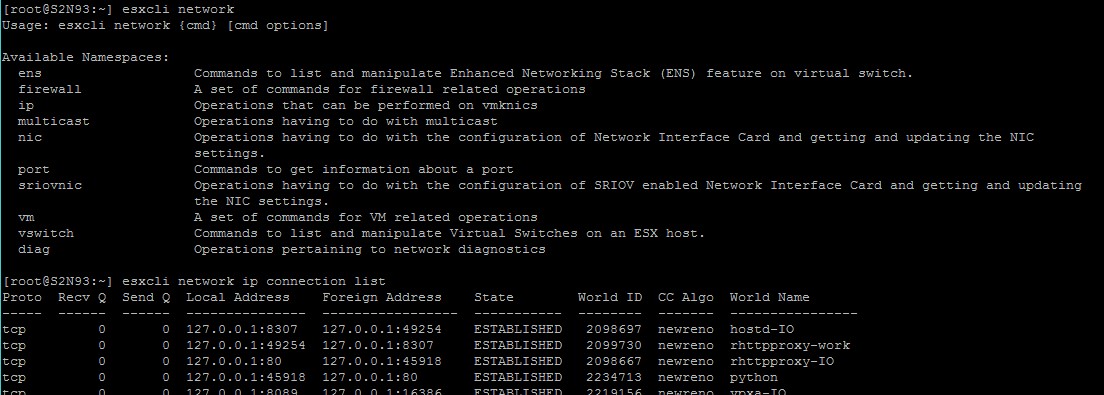esxcli network ip connection list lists all the active connections