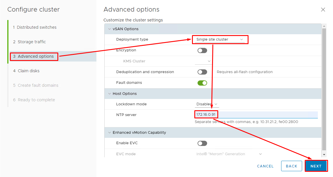 In the Advanced options tab, select Single site cluster for the deployment type