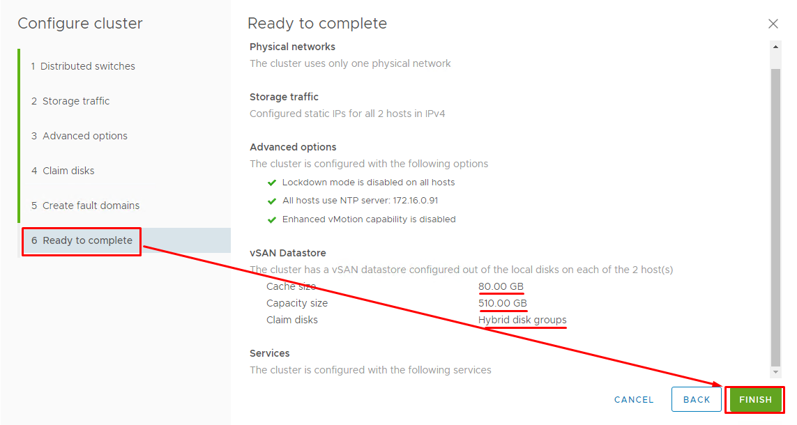 Check the settings and click Finish to start vSAN datastore creation