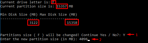 Enter the new partition size