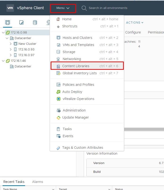 Open a content library right in Menu of VMware vSphere Client
