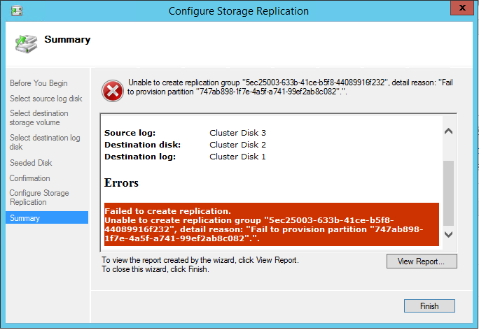 Configure Storage Replication: failed to create replication error
