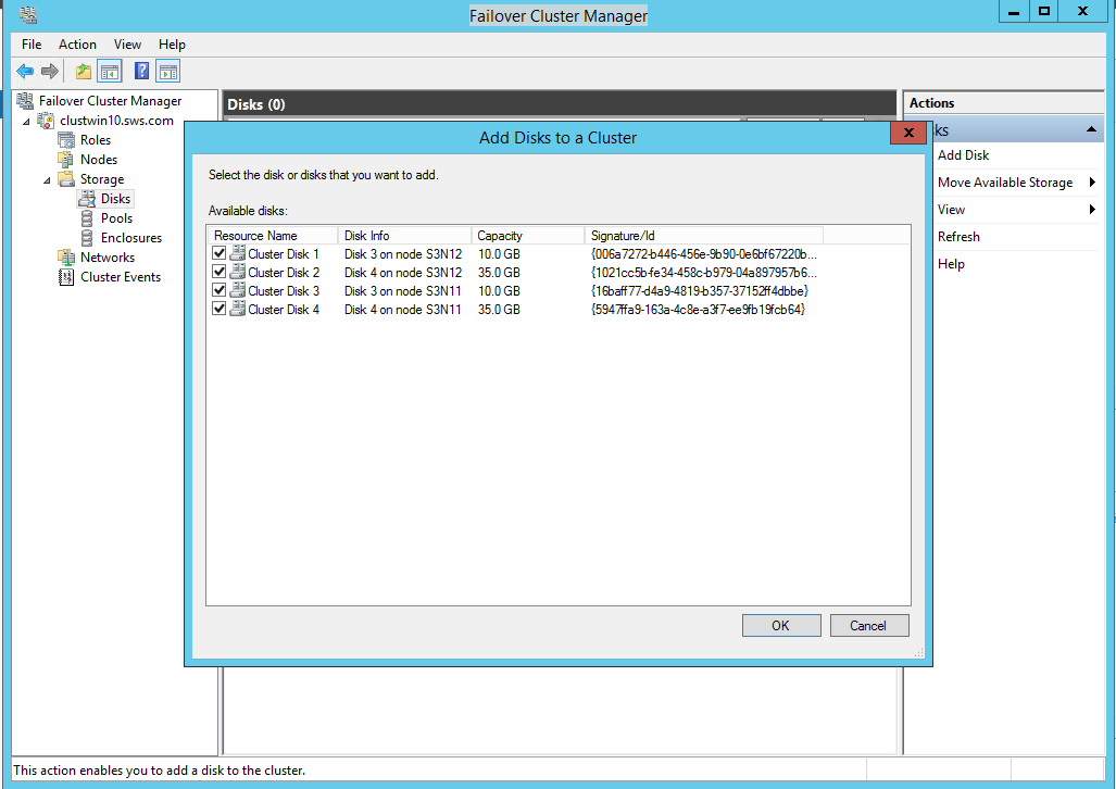 Failover Cluster Manager Add disks to a cluster