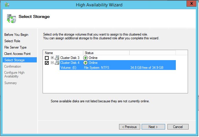 High Availability Wizard Select storage volume