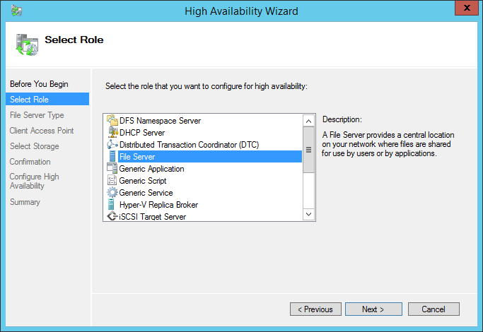 High Availability Wizard Select File Server Role