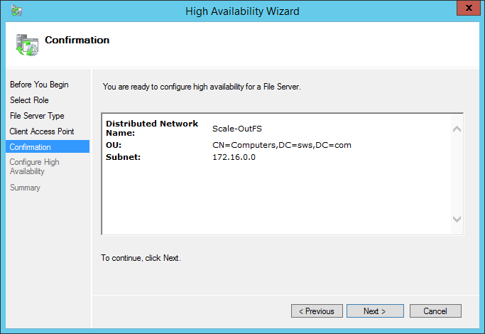 High Availability Wizard configuration confirmation
