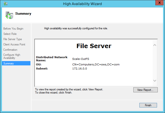 High Availability Wizard File Server configuration summary