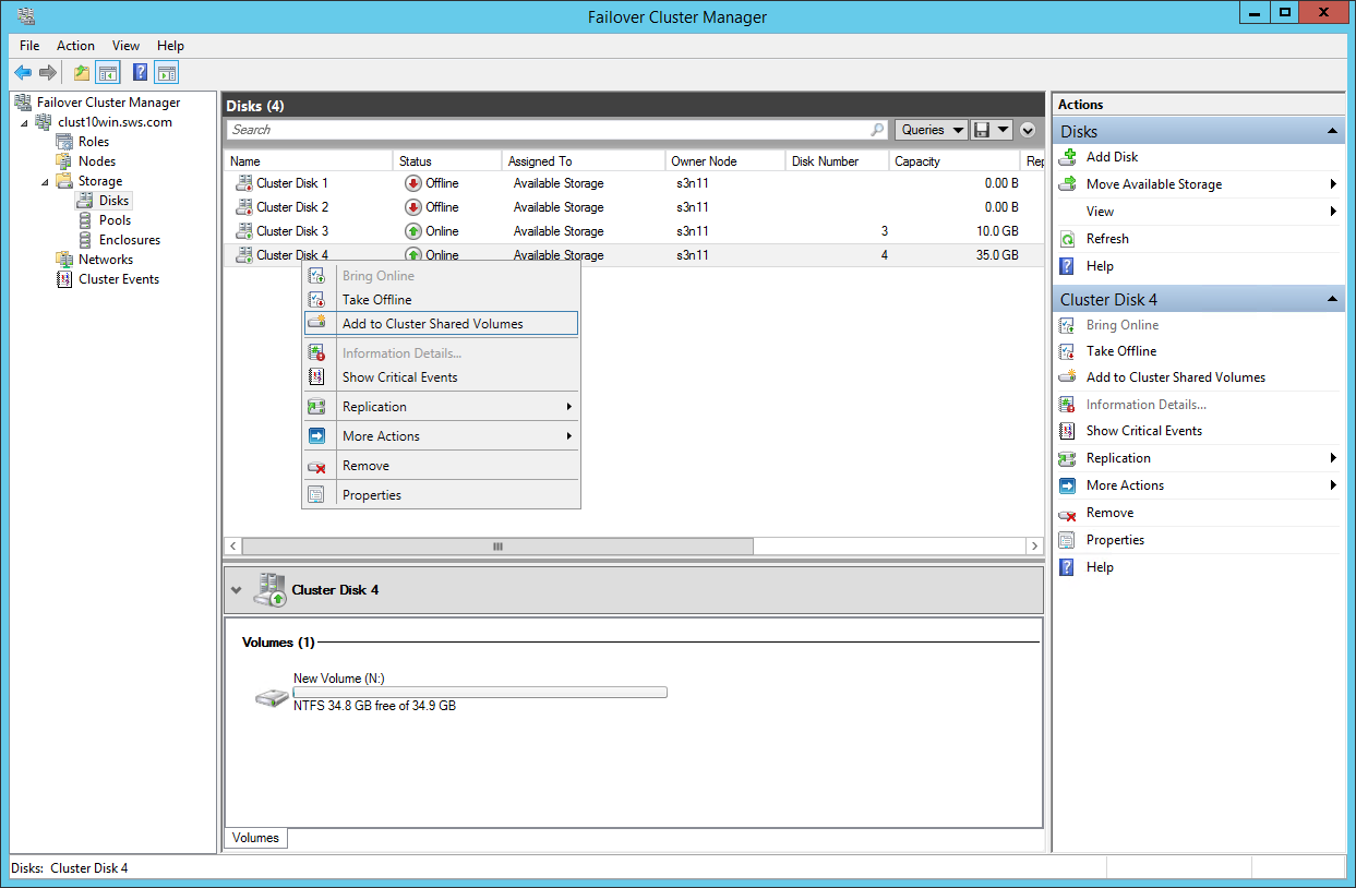 Failover Cluster Manager Add disks to Cluster Shared Volumes