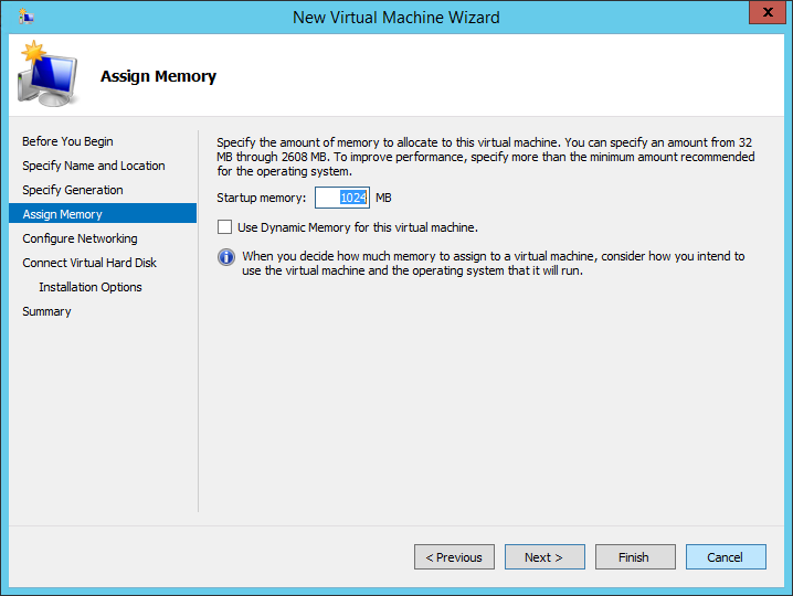 New Virtual Machine Wizard Assign Memory