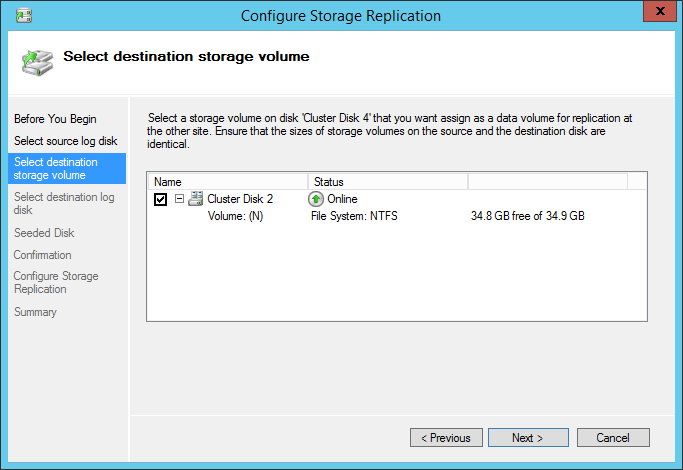 Configure Storage Replication select destination storage volume