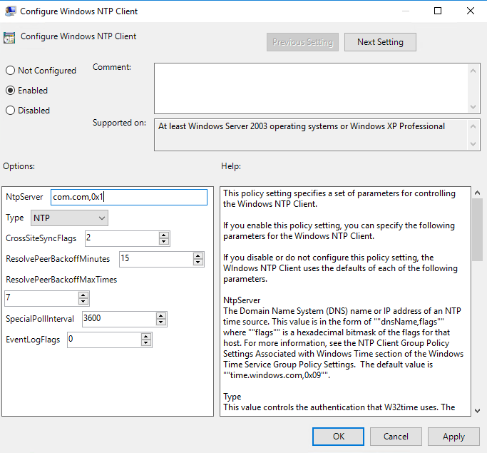 configure Windows NTP client