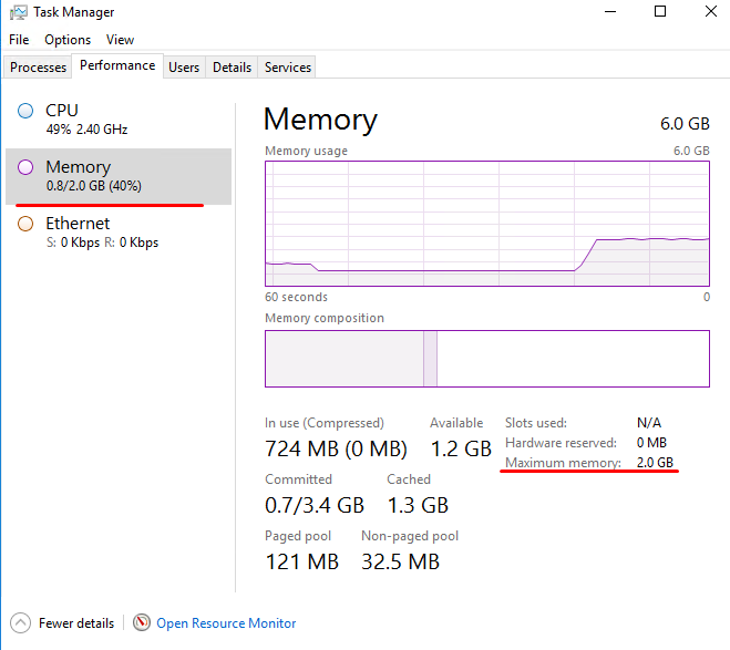 Windows - Task Manager - After reducing the memory to 2 GB
