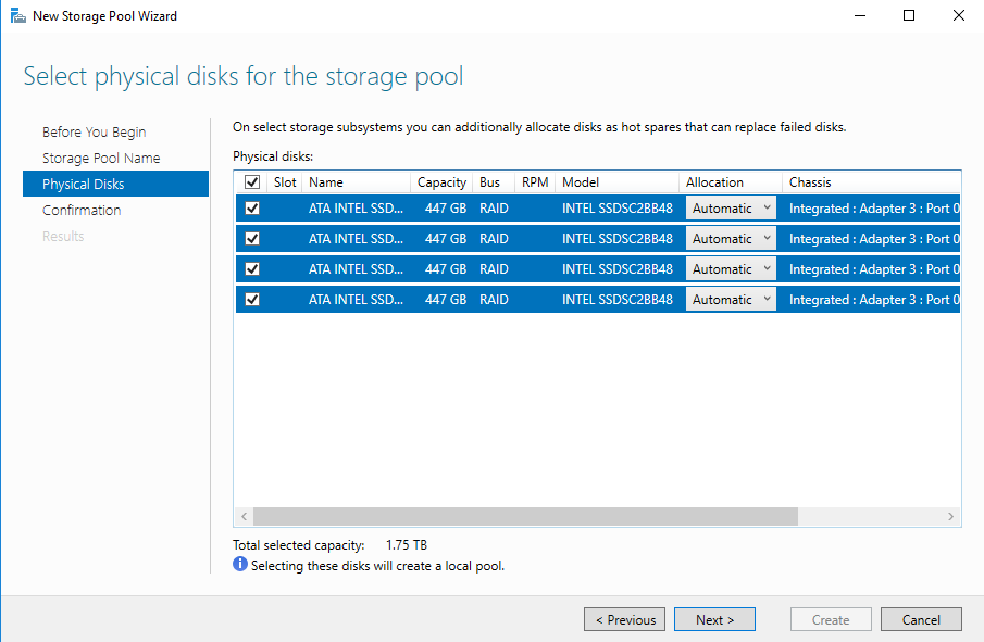 Select the disks which you want to include into the storage pool