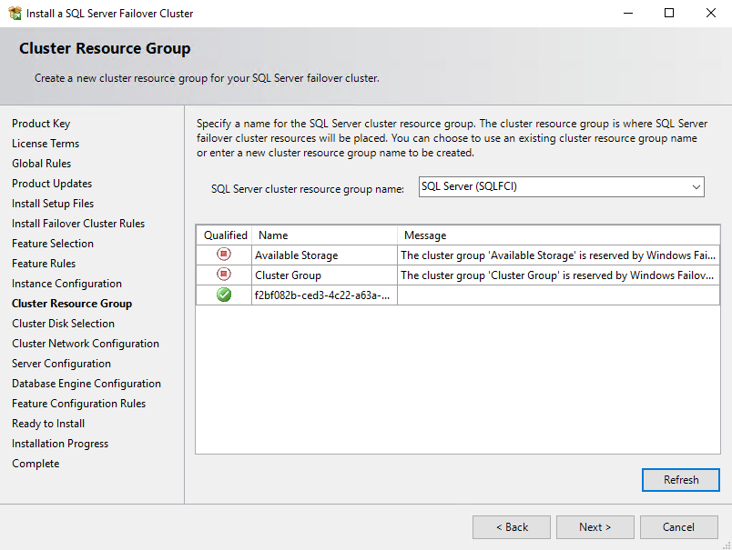 Select an automatically created SQL Server cluster resource group