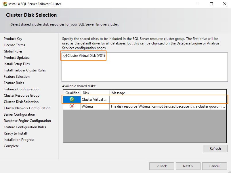 Select the recently created shared cluster disk