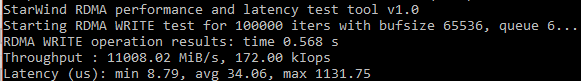 RDMA connection bandwidth was measured in 64KB blocks