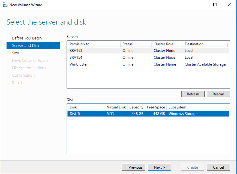 Select the recently created virtual disk in the New Volume wizard