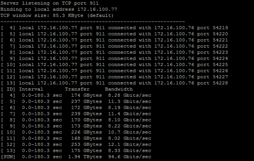 The output showing what TCP throughput was like. 
