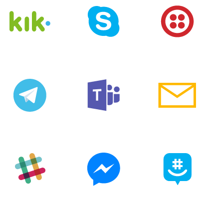 Slack, Facebook Messenger, Skype, Teams, Web chat, Email, GroupMe, Kik, Telegram, text, SMS and Twilio icons
