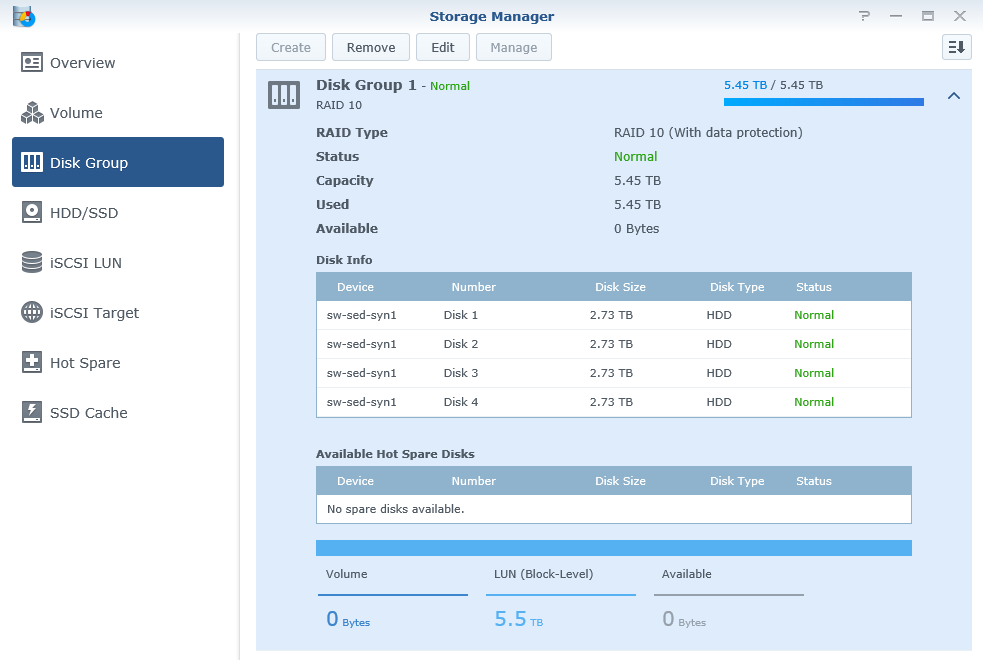 DSM Storage Manager “Disk Group” view