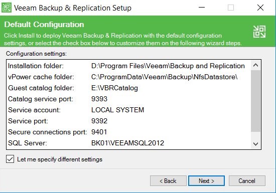 Veeam Backup and Replication Default Configuration view