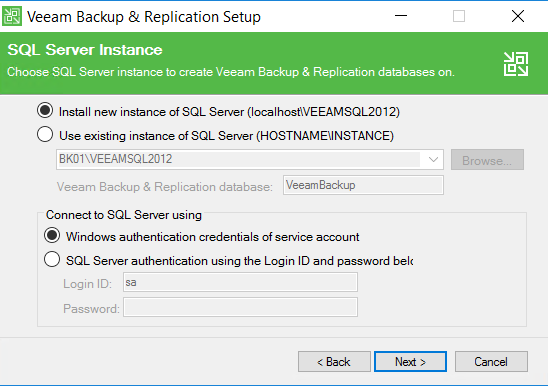 Veeam Backup and Replication setup SQL Server Instance view