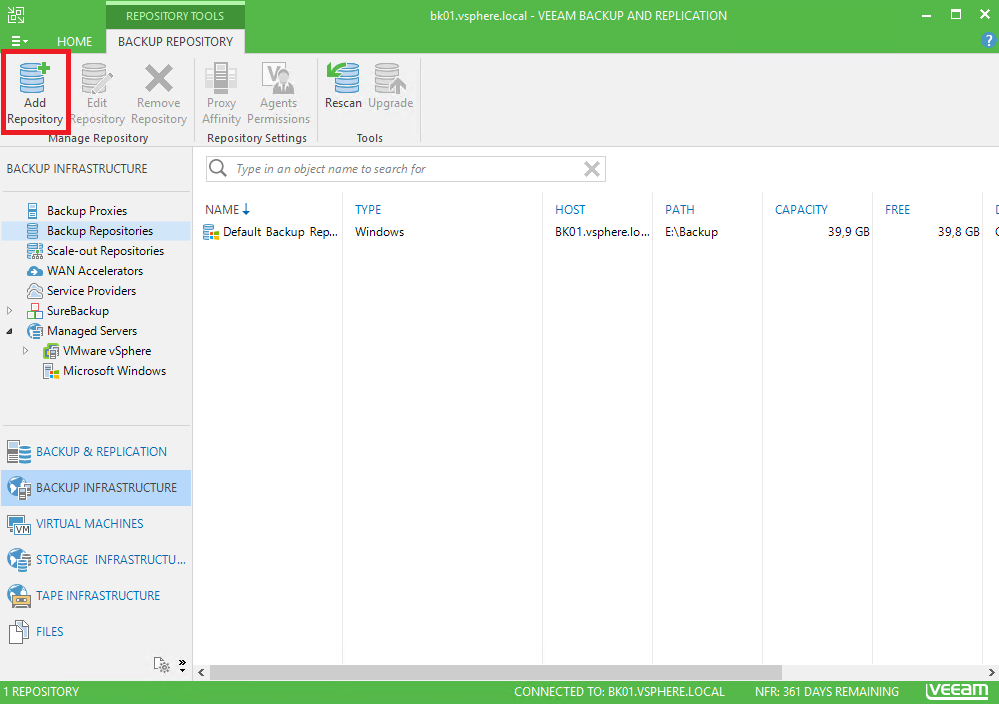 Veeam Backup and Replication add repository