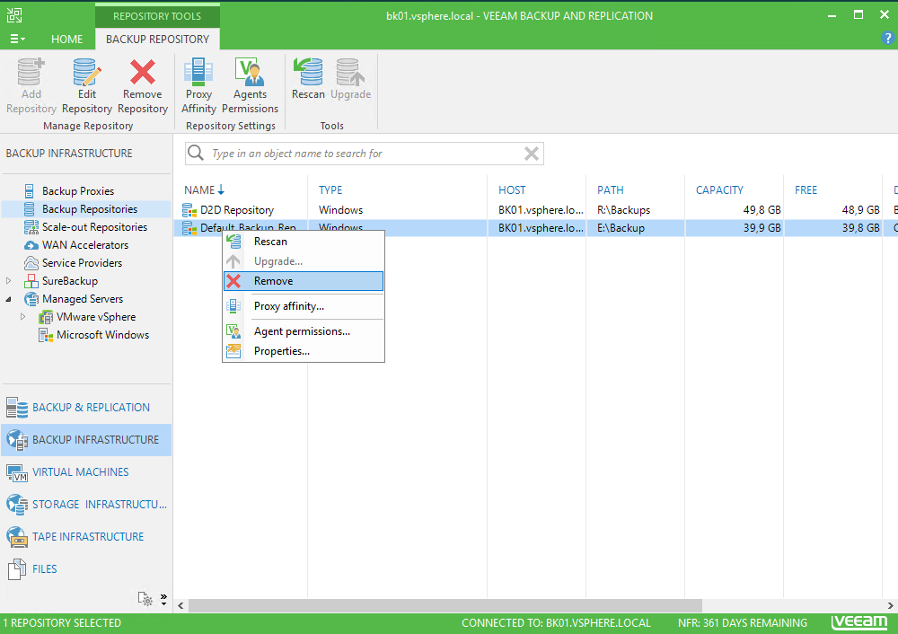 Veeam Backup and Replication remove Default Backup Repository
