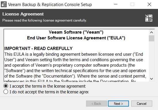 Veeam Backup & Replication Console setup license agreement