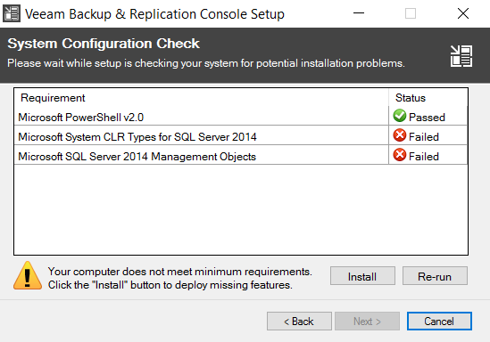 Veeam Backup & Replication Console setup system configuration check view