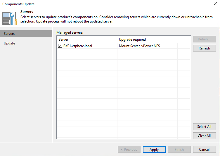 Veeam Backup & Replication 9.5 server selection for updates view