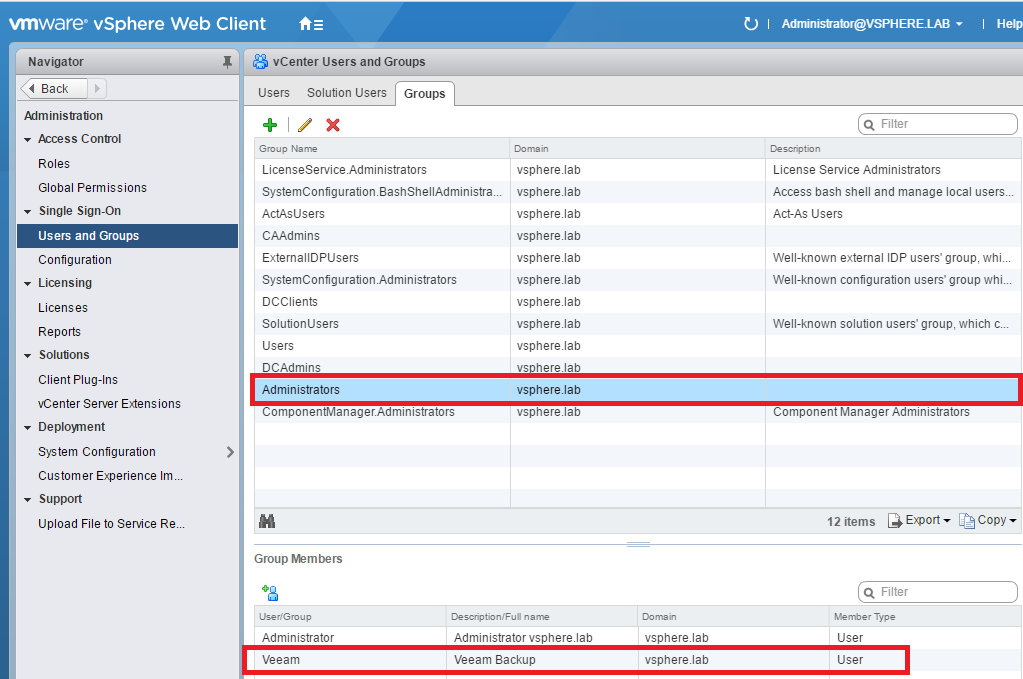 VMware vSphere WEB Client view users and groups