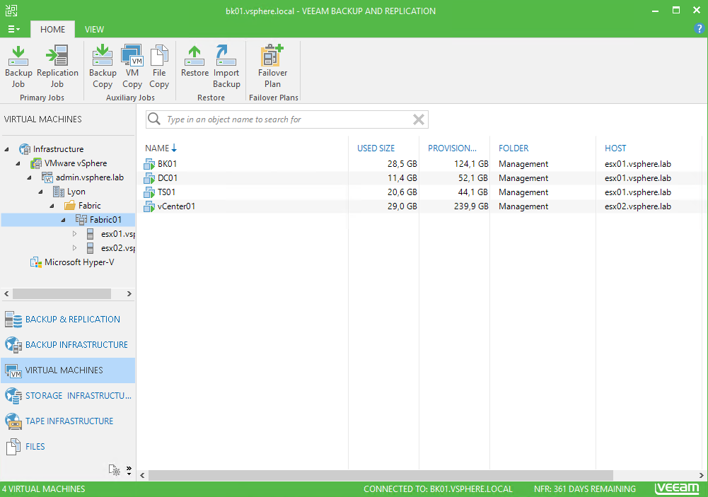 Veeam Backup and Replication virtual machines view