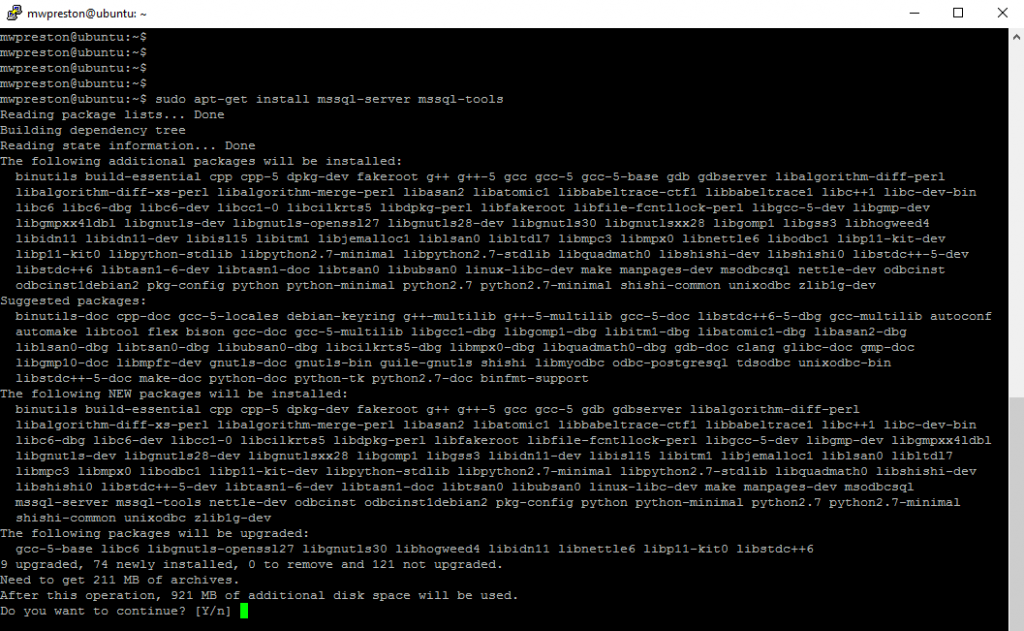 SQL Server installation on a Windows Ubuntu command view