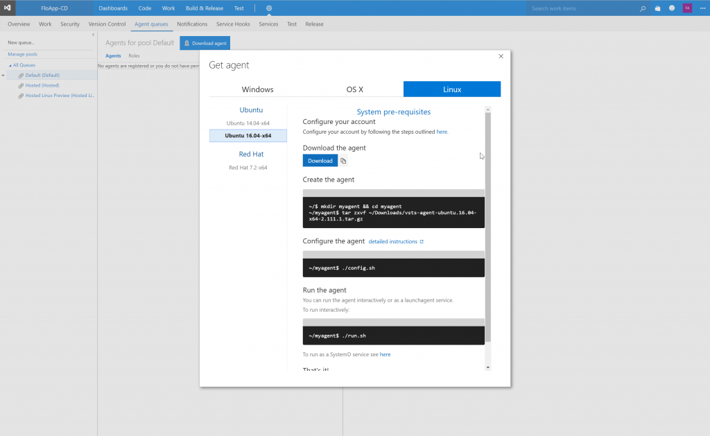 VSTS interface Settings Agent queues Download Agent