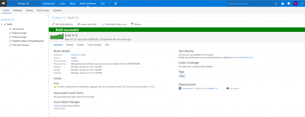 VSTS console new build