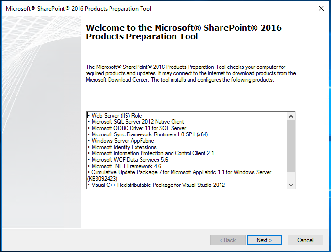 Microsoft SharePoint 2016 Products Preparation tool