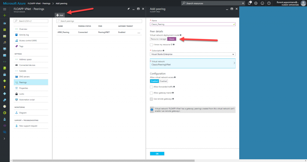 Microsoft Azure Resource Manager virtual networks add peering