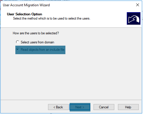 User Account Migration Wizard User selection method
