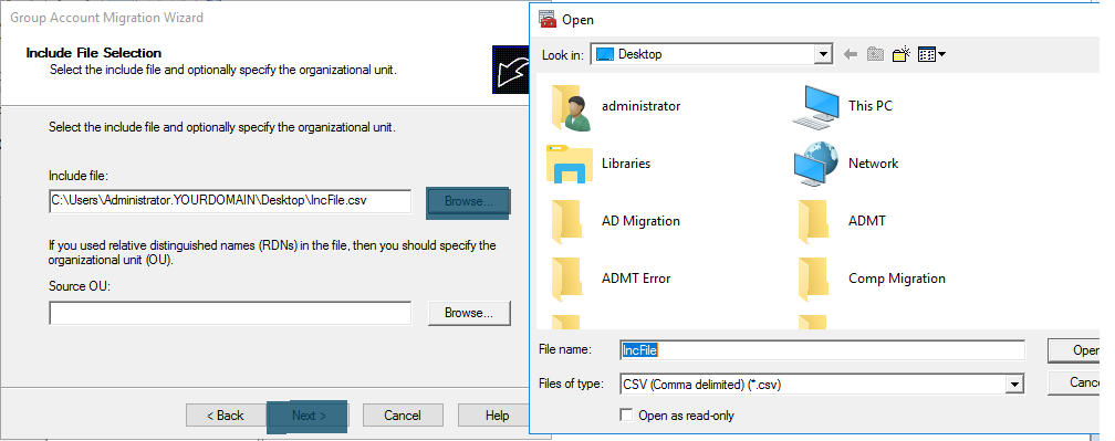 Group Account Migration Wizard providing include file path