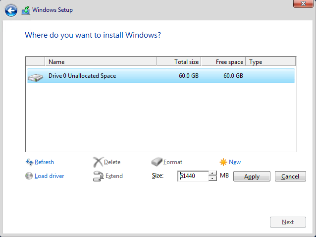 Windows Server 2016 Selecting installation disk