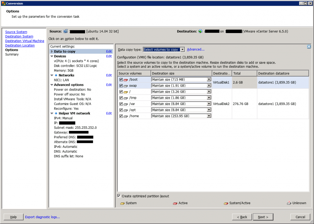 VMware vCenter Converter Standalone conversion options